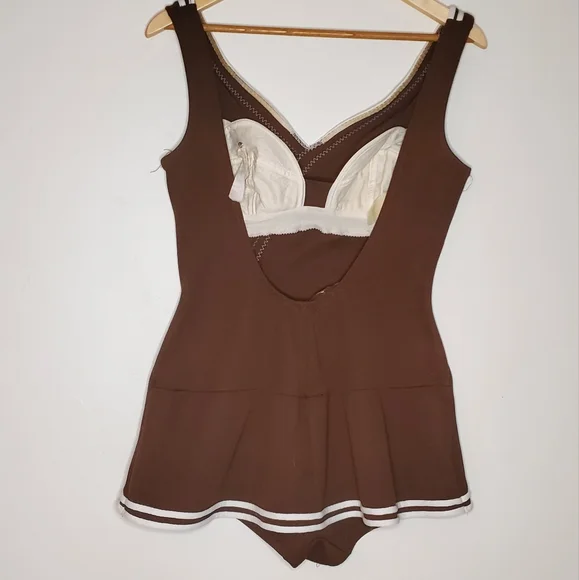 60s Sweetheart Brown Vintage One Piece Swimsuit with White Striped Lining - Picture 12 of 13